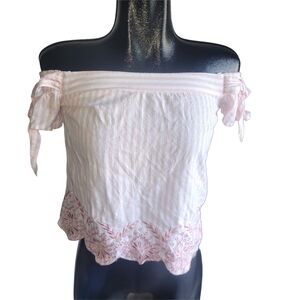 Guess Pink and White Striped Off-Shoulder Top S